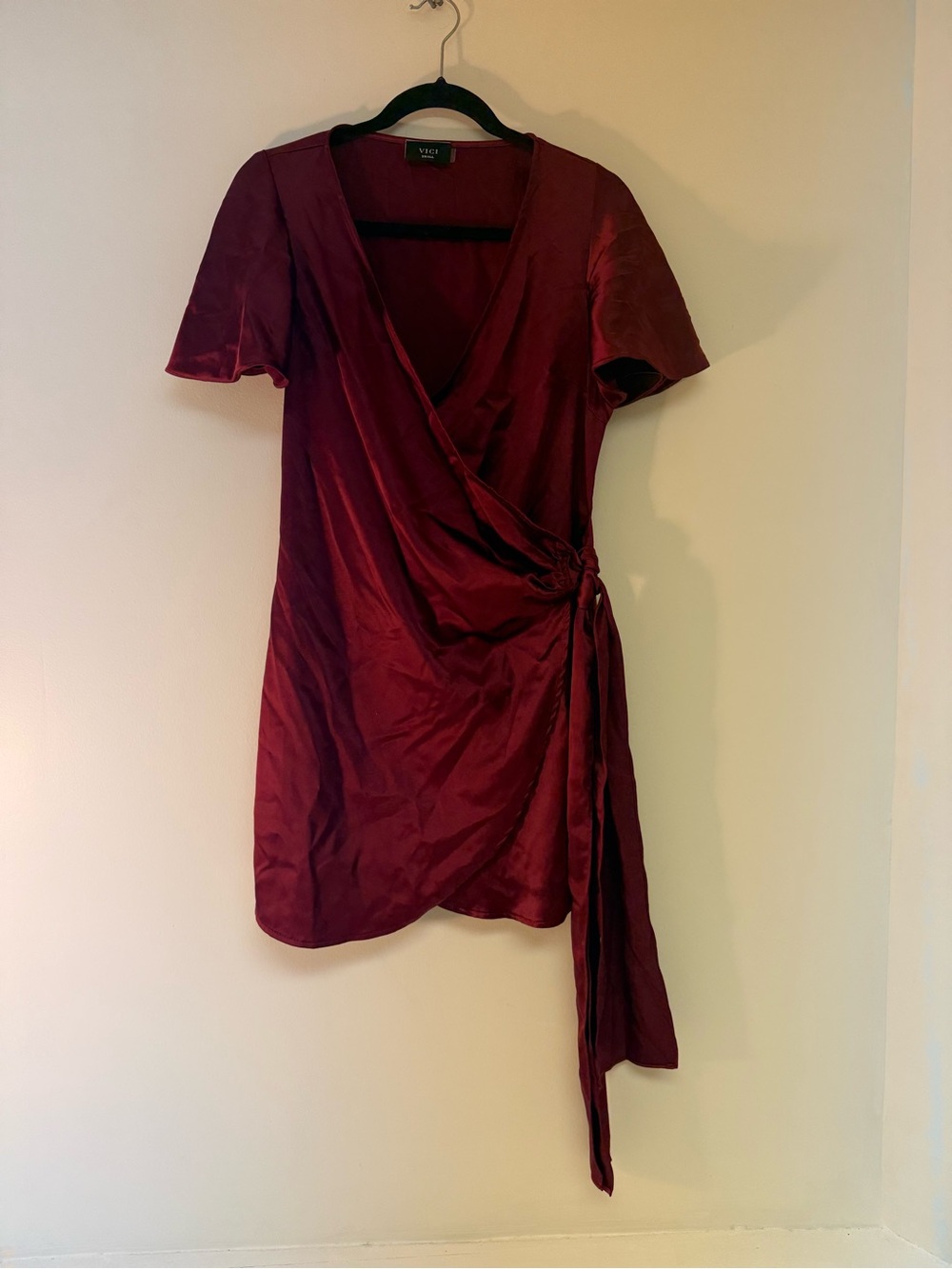 Vici Wine-Red Satin Wrap Mini Dress